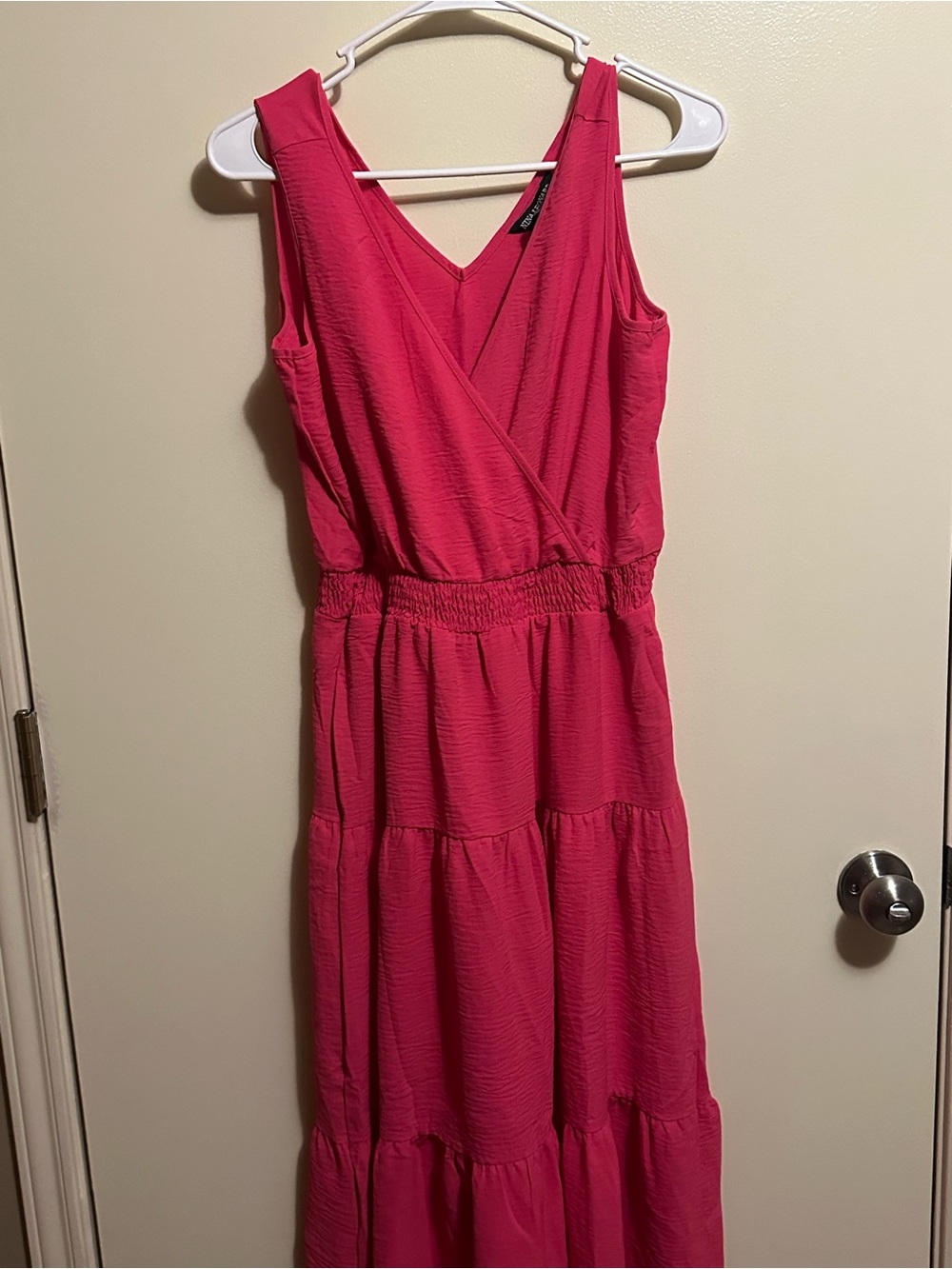 Nina Leonard Hot Pink Sleeveless Tiered Maxi Dress